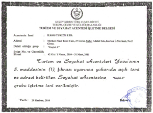 Лицензия компании Илкос Туризм Лтд.